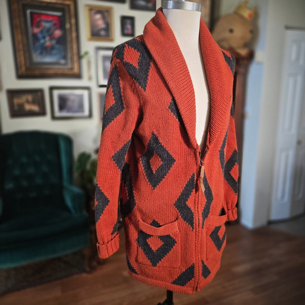 Roxy Cardigan Sweater Womens Large Burnt Orange Diamond Zip Up Elbow Patches L